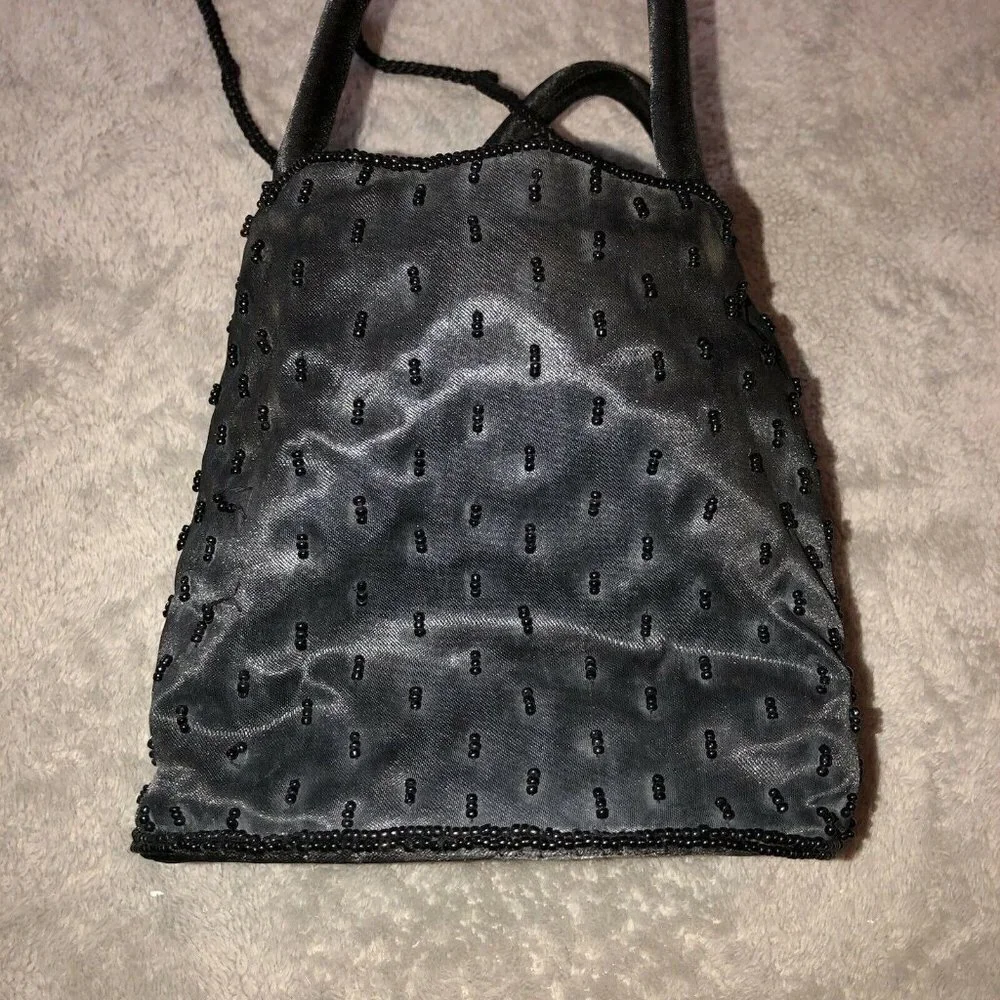 Vintage SASHA Black Satin Handmade Beaded Evening Bag with Crossbody Strap